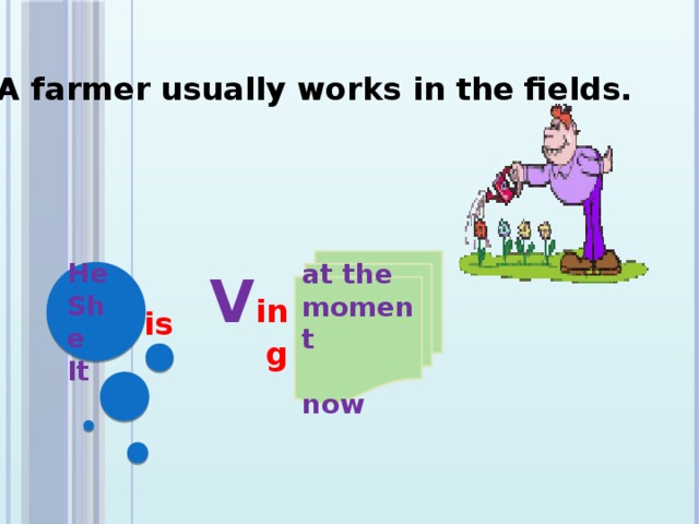 - A farmer usually works in the fields. at the moment  now He She It V ing is