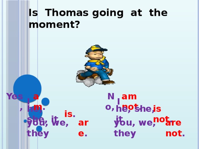 Is Thomas going at the moment?   Yes, am . am not . No, I  I  he, she, it is not . he, she, it is . are . you, we, the y you, we, the y are not .