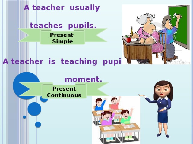 A teacher usually teaches pupils. Present Simple   A teacher is teaching pupils at the moment. Present Continuous