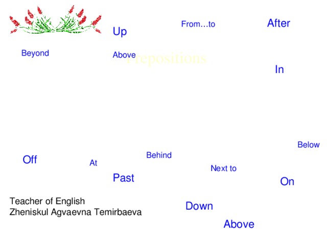 After From…to Up Prepositions Beyond Above In Below Behind Off At Next to Past On Teacher of English Zheniskul Agvaevna Temirbaeva   Down Above