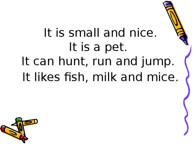 It is small and nice.  It is a pet.  It can hunt, run and jump.  It likes fish, milk and mice.