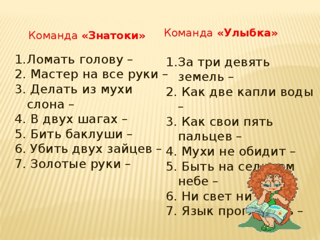 Команда «Улыбка» Команда «Знатоки» Ломать голову – 2. Мастер на все руки – 3. Делать из мухи слона – 4. В двух шагах – 5. Бить баклуши – 6. Убить двух зайцев – 7. Золотые руки – За три девять земель – 2. Как две капли воды – 3. Как свои пять пальцев – 4. Мухи не обидит – 5. Быть на седьмом небе – 6. Ни свет ни заря – 7. Язык проглотить –