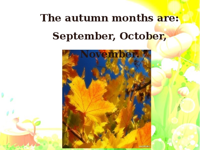 The autumn months are: September, October, November.