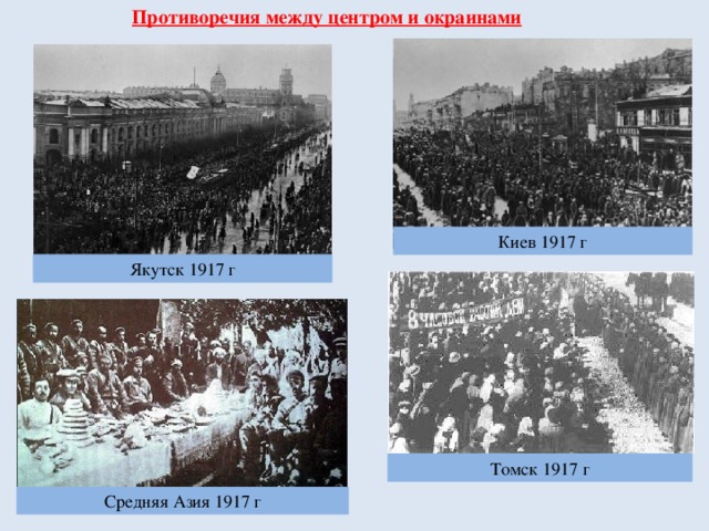 Противоречия между центром и окраинами Киев 1917 г Якутск 1917 г Томск 1917 г Средняя Азия 1917 г