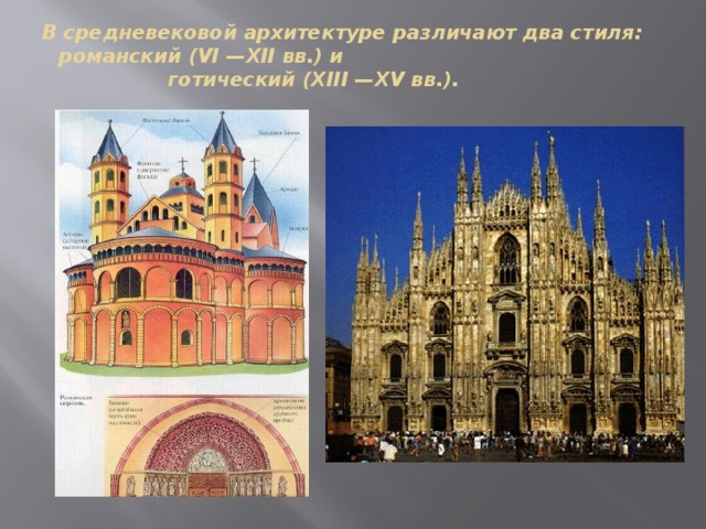 В средневековой архитектуре различают два стиля: романский (VI —XII вв.) и  готический (XIII —XV вв.).