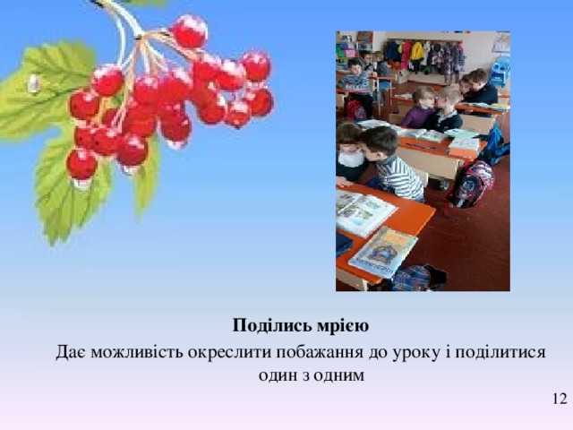 Поділись мрією Дає можливість окреслити побажання до уроку і поділитися один з одним 12