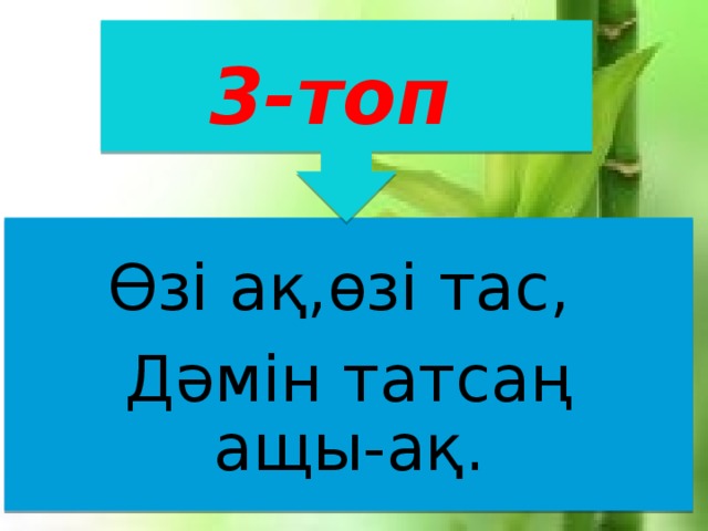 3-топ  Өзі ақ,өзі тас, Дәмін татсаң ащы-ақ.