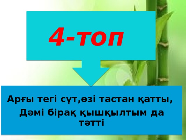 4-топ  Арғы тегі сүт,өзі тастан қатты, Дәмі бірақ қышқылтым да тәтті