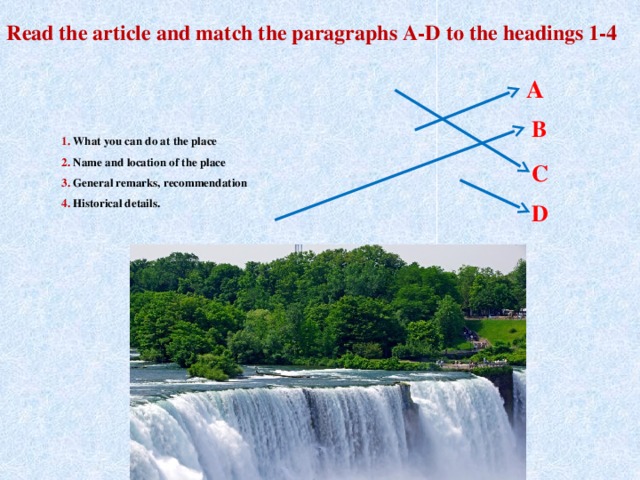 Read the article and match the paragraphs A-D to the headings 1-4 A В 1. What you can do at the place  2. Name and location of the place   3. General remarks, recommendation  4. Historical details.   С D