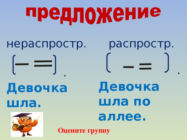 распростр. нераспростр. . . Девочка шла по аллее. Девочка шла. Оцените группу