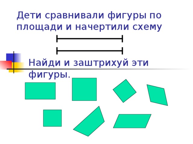 Дети сравнивали фигуры по площади и начертили схему Найди и заштрихуй эти фигуры.