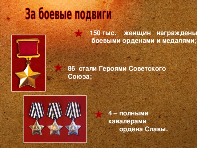150 тыс. женщин награждены  боевыми орденами и медалями; 86 стали Героями Советского Союза;  4 – полными кавалерами  ордена Славы.