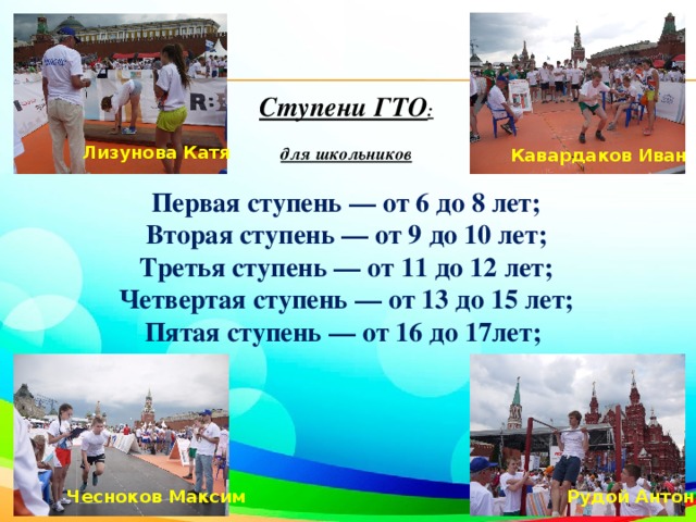 Ступени ГТО :  для школьников  Первая ступень — от 6 до 8 лет; Вторая ступень — от 9 до 10 лет; Третья ступень — от 11 до 12 лет; Четвертая ступень — от 13 до 15 лет; Пятая ступень — от 16 до 17лет;   Лизунова Катя Кавардаков Иван Чесноков Максим Рудой Антон