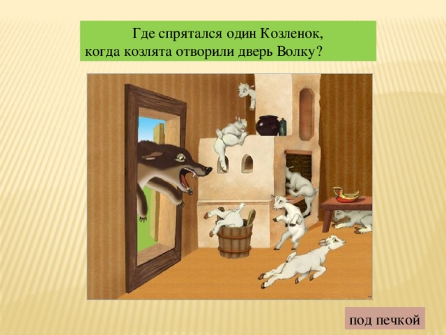   Где спрятался один Козленок, когда козлята отворили дверь Волку? под печкой