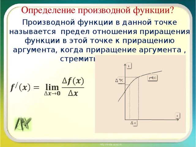 Определение производной функции? Производной функции в данной точке называется предел отношения приращения функции в этой точке к приращению аргумента, когда приращение аргумента , стремиться к нулю.  