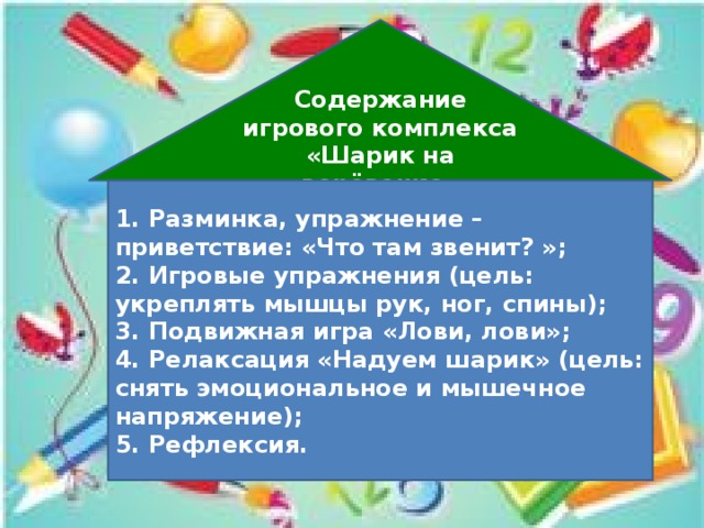 Содержание игрового комплекса «Шарик на верёвочке» « 1. Разминка, упражнение – приветствие: «Что там звенит? »; 2. Игровые упражнения (цель: укреплять мышцы рук, ног, спины); 3. Подвижная игра «Лови, лови»; 4. Релаксация «Надуем шарик» (цель: снять эмоциональное и мышечное напряжение); 5. Рефлексия.