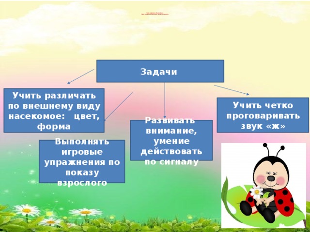 Тема недели: «Насекомые»  Тема игрового комплекса: «Божья коровка» Задачи Учить различать по внешнему виду насекомое: цвет, форма Учить четко проговаривать звук «ж» Развивать внимание, умение действовать по сигналу Выполнять игровые упражнения по показу взрослого