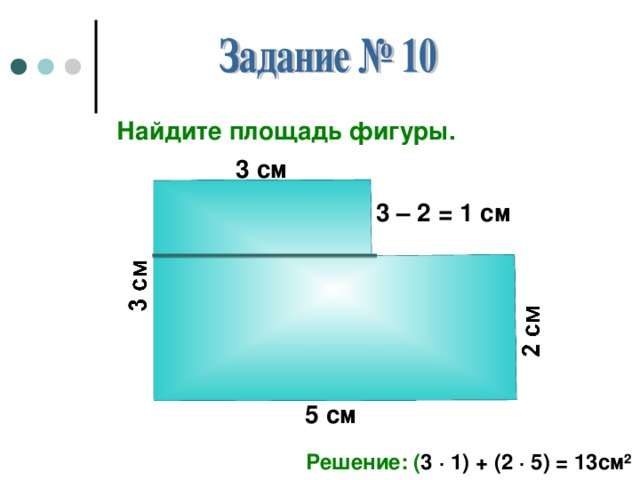 Найдите площадь фигуры . 3 см 3 – 2 = 1 см 5 см Решение: ( 3 · 1) + (2 · 5) = 13см ²