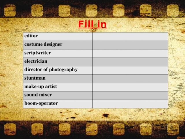 Fill in editor costume designer scriptwriter electrician director of photography stuntman make-up artist sound mixer boom-operator
