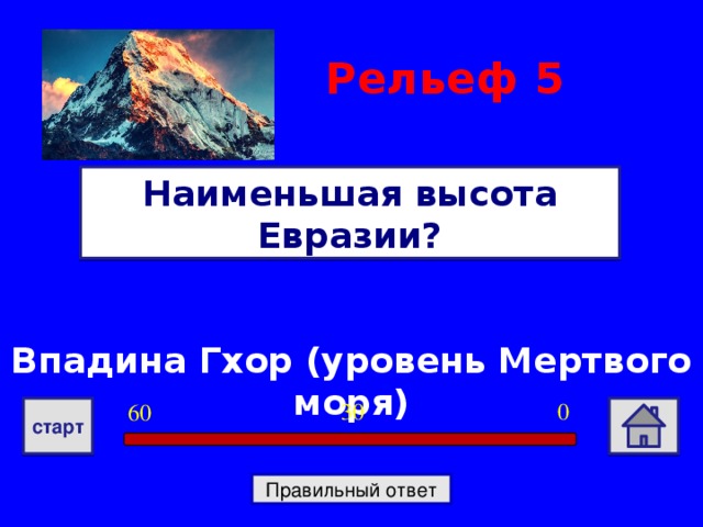 Рельеф  5 Наименьшая высота Евразии? Впадина Гхор (уровень Мертвого моря) 0 30 60 старт Правильный ответ