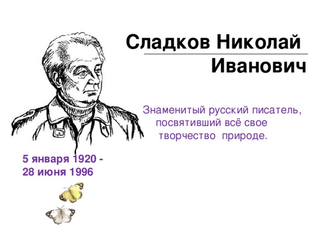 Сладков Николай Иванович  Знаменитый русский писатель, посвятивший всё свое творчество природе. 5 января 1920 - 28 июня 1996
