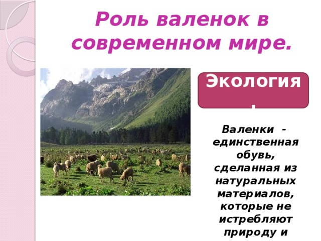 Роль валенок в современном мире. Экология. Валенки - единственная обувь, сделанная из натуральных материалов, которые не истребляют природу и животных.