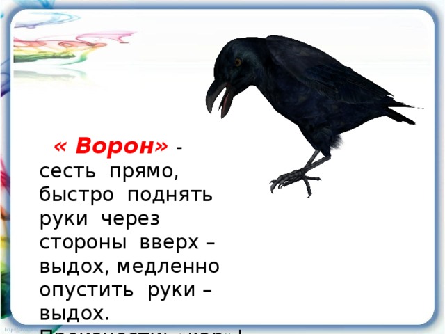 « Ворон»  - сесть прямо, быстро поднять руки через стороны вверх – выдох, медленно опустить руки – выдох. Произнести: «кар»!