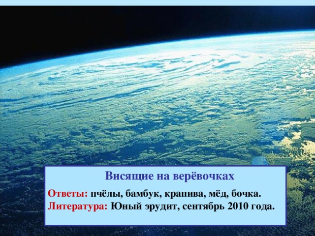 Висящие на верёвочках  Ответы: пчёлы, бамбук, крапива, мёд, бочка. Литература: Юный эрудит, сентябрь 2010 года.