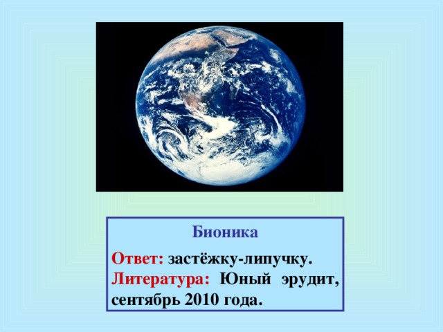 Бионика  Ответ: застёжку-липучку. Литература: Юный эрудит, сентябрь 2010 года.