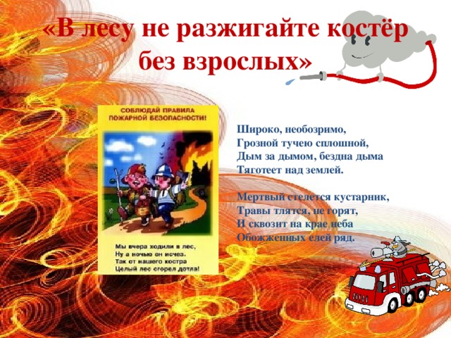 «В лесу не разжигайте костёр без взрослых» Широко, необозримо, Грозной тучею сплошной, Дым за дымом, бездна дыма Тяготеет над землей.   Мертвый стелется кустарник, Травы тлятся, не горят, И сквозит на крае неба Обожженных елей ряд.