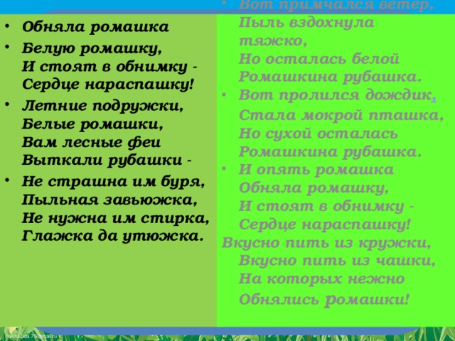 Обняла ромашка Белую ромашку,   И стоят в обнимку -   Сердце нараспашку! Летние подружки,   Белые ромашки,   Вам лесные феи   Выткали рубашки - Не страшна им буря,   Пыльная завьюжка,   Не нужна им стирка,   Глажка да утюжка. Вот примчался ветер,   Пыль вздохнула тяжко,   Но осталась белой   Ромашкина рубашка. Вот пролился дождик ,