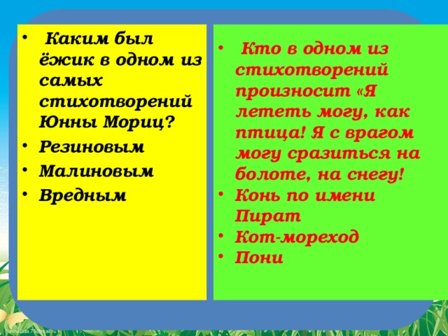 Каким был ёжик в одном из самых стихотворений Юнны Мориц? Резиновым Малиновым Вредным  Кто в одном из стихотворений произносит «Я лететь могу, как птица! Я с врагом могу сразиться на болоте, на снегу! Конь по имени Пират Кот-мореход Пони