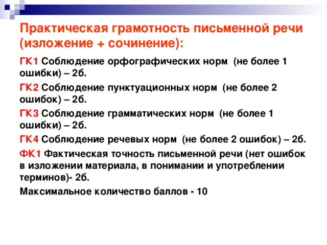 Практическая грамотность письменной речи (изложение + сочинение): ГК1 Соблюдение орфографических норм (не более 1 ошибки) – 2б. ГК2 Соблюдение пунктуационных норм (не более 2 ошибок) – 2б. ГК3 Соблюдение грамматических норм (не более 1 ошибки) – 2б. ГК4 Соблюдение речевых норм (не более 2 ошибок) – 2б. ФК1 Фактическая точность письменной речи (нет ошибок в изложении материала, в понимании и употреблении терминов)- 2б. Максимальное количество баллов - 10