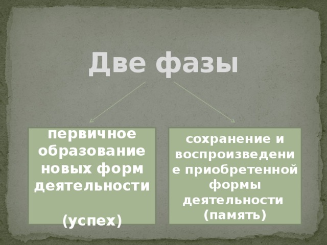 Две фазы первичное образование новых форм деятельности  сохранение и воспроизведение приобретенной формы деятельности  (успех) (память)