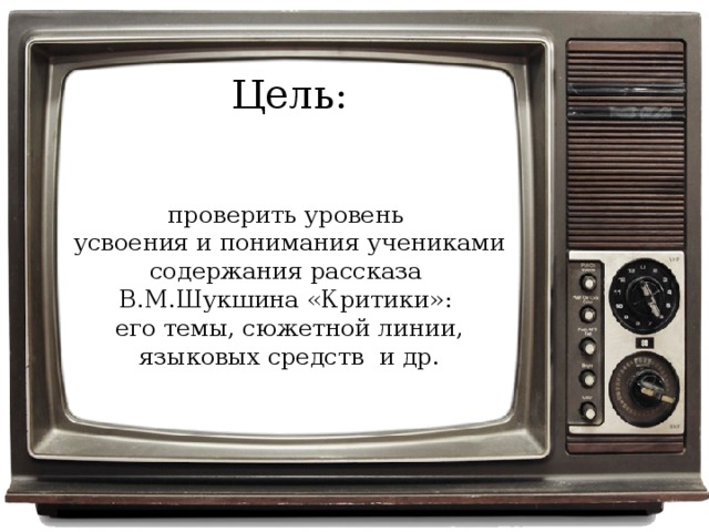 Цель: проверить уровень усвоения и понимания учениками содержания рассказа В.М.Шукшина «Критики»: его темы, сюжетной линии, языковых средств и др.