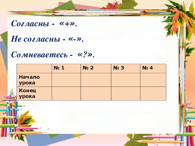 Согласны - « + » . Не согласны - « - » . Сомневаетесь - « ? » . Начало урока № 1 Конец урока № 2 № 3 № 4