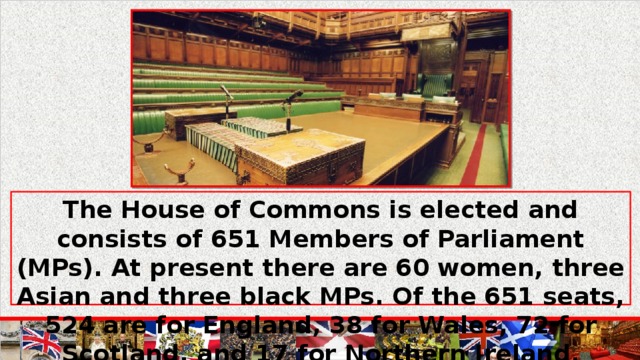 The House of Commons is elected and consists of 651 Members of Parliament (MPs). At present there are 60 women, three Asian and three black MPs. Of the 651 seats, 524 are for England, 38 for Wales, 72 for Scotland, and 17 for Northern Ireland. Members are paid an annual salary of ‡30,854 pounds.