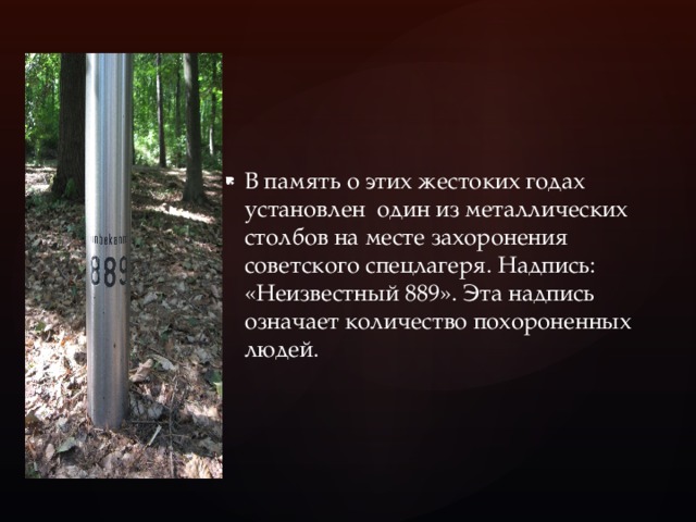 В память о этих жестоких годах установлен один из металлических столбов на месте захоронения советского спецлагеря. Надпись: «Неизвестный 889». Эта надпись означает количество похороненных людей.