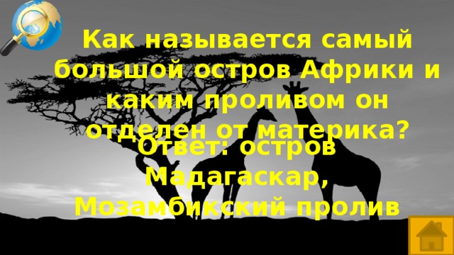 Как называется самый большой остров Африки и каким проливом он отделен от материка? Ответ: остров Мадагаскар, Мозамбикский пролив