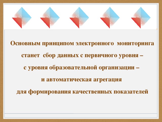 Основным принципом электронного мониторинга  станет сбор данных с первичного уровня – с уровня образовательной организации – и автоматическая агрегация для формирования качественных показателей