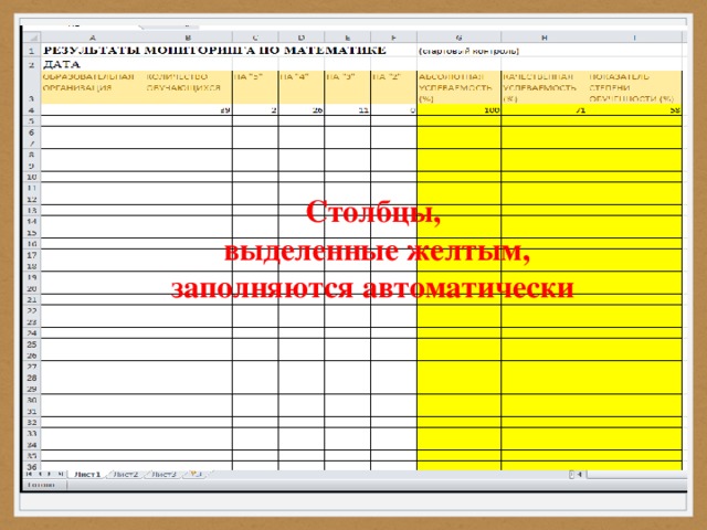 Столбцы,  выделенные желтым,  заполняются автоматически