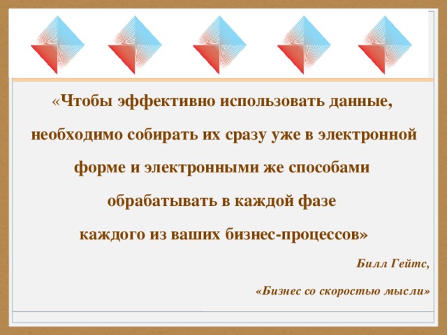 « Чтобы эффективно использовать данные,  необходимо собирать их сразу уже в электронной  форме и электронными же способами обрабатывать в каждой фазе  каждого из ваших бизнес-процессов» Билл Гейтс,  «Бизнес со скоростью мысли»