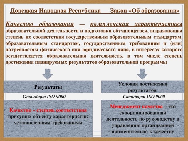 Донецкая Народная Республика Закон «Об образовании»   Качество образования  — комплексная характеристик а образовательной деятельности и подготовки обучающегося, выражающая степень их соответствия государственным образовательным стандартам, образовательным стандартам, государственным требованиям и (или) потребностям физического или юридического лица, в интересах которого осуществляется образовательная деятельность, в том числе степень достижения планируемых результатов образовательной программы Результаты Условия достижения результатов С тандарт ISO 9000 Стандарт ISO 9000 Качество – степень соответствия присущих объекту характеристик установленным требованиям Менеджмент качества – это скоординированная деятельность по руководству и управлению организацией применительно к качеству