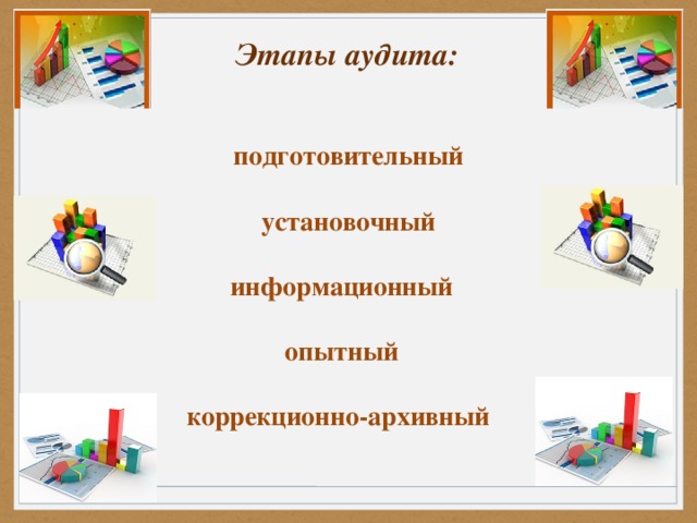 Этапы аудита:       подготовительный  установочный  информационный  опытный  коррекционно-архивный  