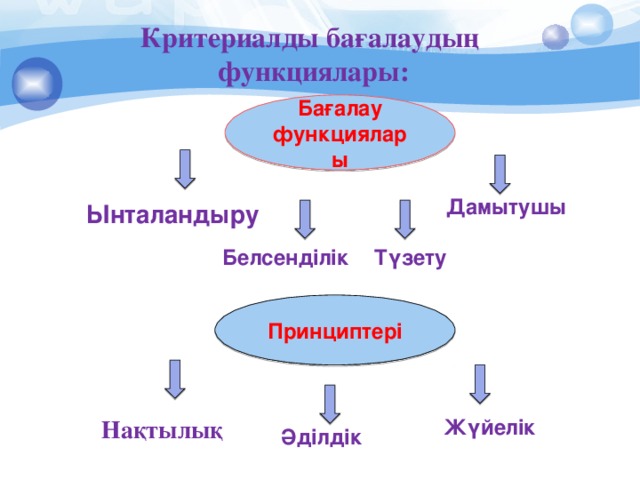 Критериалды бағалаудың функциялары: Бағалау функциялары Дамытушы Ынталандыру   Түзету  Белсенділік Принциптері Нақтылық  Жүйелік Әділдік