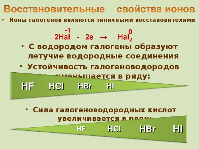 Ионы галогенов являются типичными восстановителями -1 0 С водородом галогены образуют летучие водородные соединения Устойчивость галогеноводородов уменьшается в ряду: HF HCl HBr HI C ила галогеноводородных кислот увеличивается в ряду: