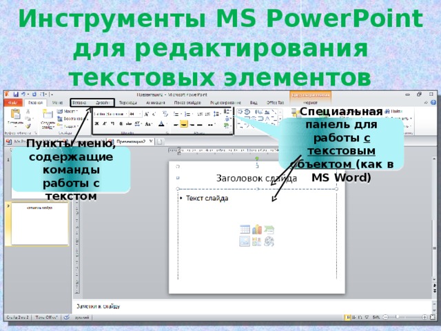 Инструменты MS PowerPoint для редактирования текстовых элементов Специальная панель для работы с текстовым объектом (как в MS Word) Пункты меню, содержащие команды работы с текстом