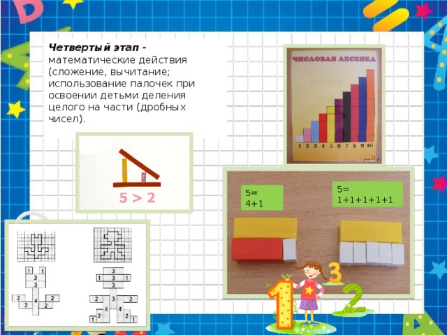 Четвертый этап - математические действия (сложение, вычитание; использование палочек при освоении детьми деления целого на части (дробных чисел). 5= 1+1+1+1+1 5= 4+1
