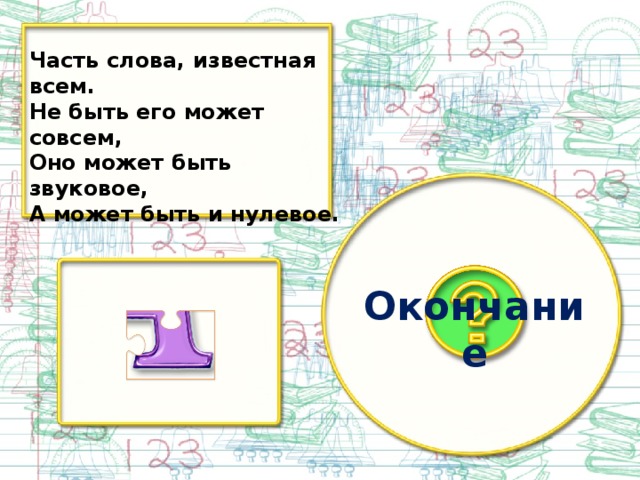 Часть слова, известная всем. Не быть его может совсем, Оно может быть звуковое, А может быть и нулевое. Окончание