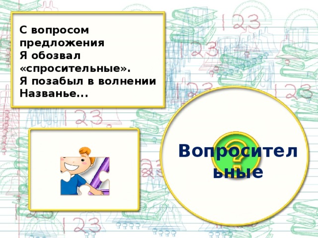 С вопросом предложения Я обозвал «спросительные». Я позабыл в волнении Названье... Вопросительные